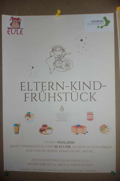 Seit dem 05. Februar 2026 findet jeden Donnerstag von 10 bis 12 Uhr in Schöppenstedt ein Eltern-Kind-Frühstück statt.
