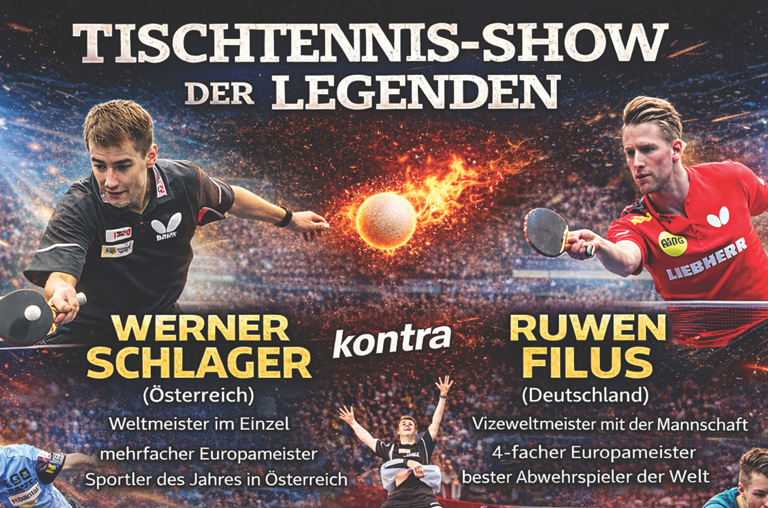 Beitragsbild: Am 10. Mai 2026 heißt es: Bühne frei für die Tischtennis-Show der Legenden in der Landkreis-Sporthalle Schöppenstedt. Im Fokus steht das Duell zwischen Ex-Weltmeister Werner Schlager aus Österreich und dem deutschen Ex-Mannschaftseuropameister Ruwen Filus.