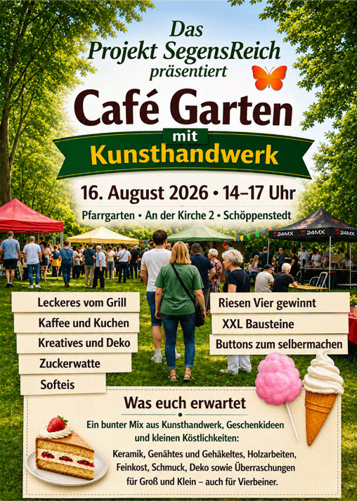 Das Projekt „SegensReich“ lädt unter dem Motto „Café Garten mit Kunsthandwerk“ in den Pfarrgarten an der Kirche 2 ein.