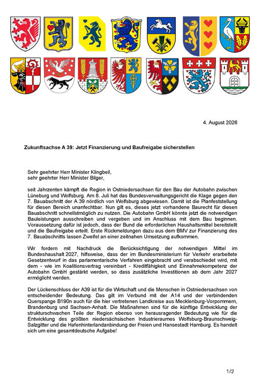 Seite 1 des Schreibens von einigen Kommunen an den Bundesverkehrs- und den Bundesfinanzminister wegen der A39